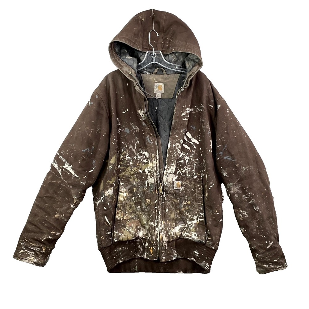 VTG Carhartt Jacket Mens Medium Tall Paint Splatter Lined Workwear Broken Zipper